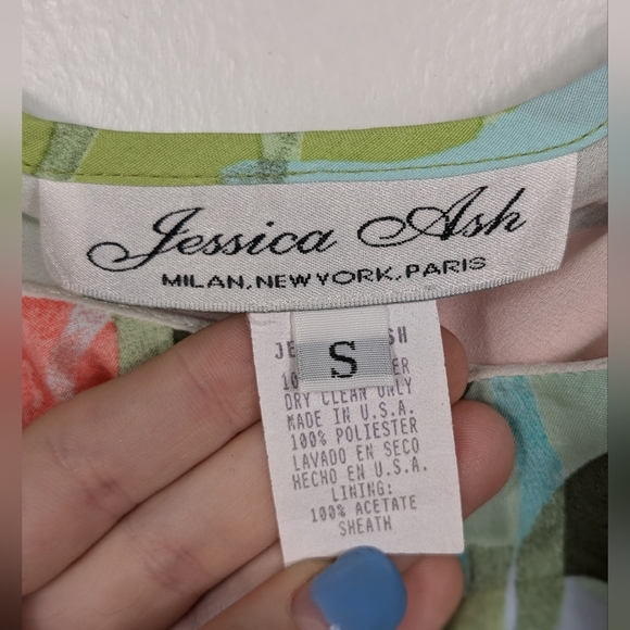 Vintage Jessica Ash Tropical Midi Dress Ruffle Neck Size Small Made in USA - Picture 14 of 15